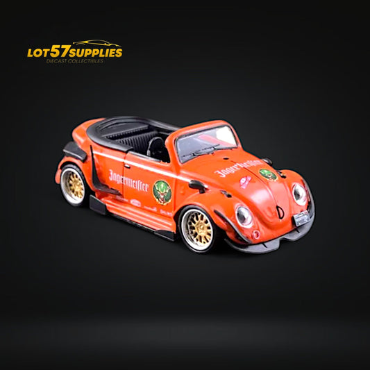 Diecast VW Beetle model in Jagermeister livery, 1:64 scale by HKM, featuring detailed design and vibrant branding.