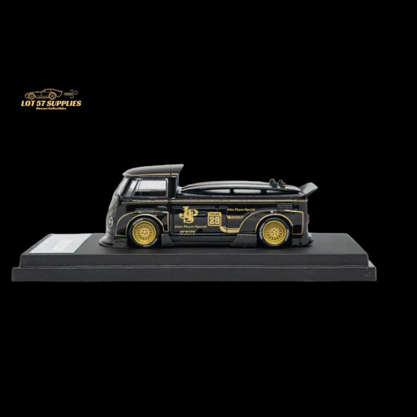 Diecast Volkswagen T1 Pick Up JPS model with surfboards, 1:64 scale, detailed replica by Lot57Supplies Diecast Shop.