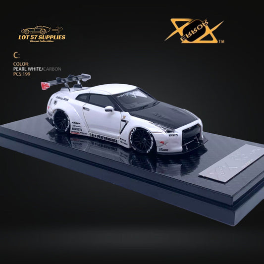 Pearl white Nissan Skyline GT-R R35 diecast model with carbon hood, 1:64 scale from LB-Works by Lot57Supplies Diecast Shop.
