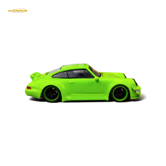 Flame green Porsche 964 RWB Ducktail diecast model by Lot57Supplies, detailed 1:64 scale Porsche car with vibrant finish