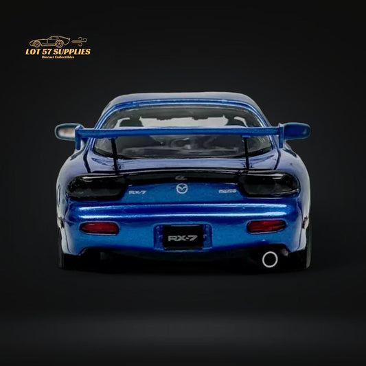 Metallic blue Mazda RX-7 FD3S diecast model in 1:64 scale by Lot57Supplies, detailed miniature car with realistic features.