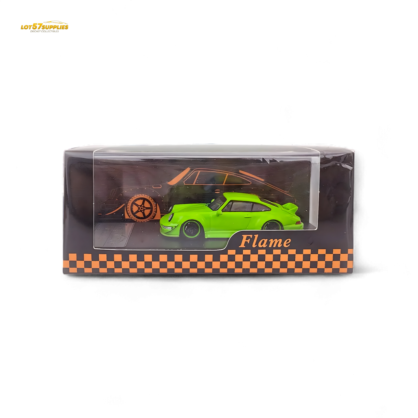 Flame green Porsche 964 RWB ducktail diecast model car in 1:64 scale from Lot57Supplies Diecast Shop