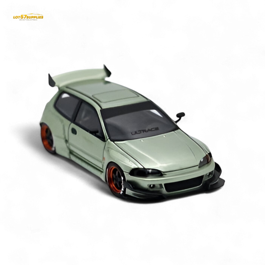 Bronze green 1:64 scale Honda Civic model car by Lot57Supplies, featuring detailed K20 engine and modified design in diecast style.