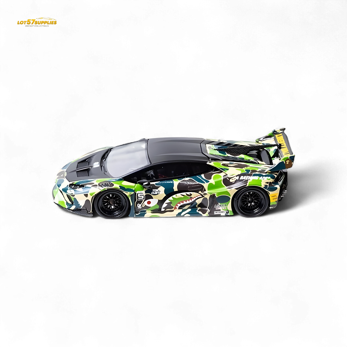 Lamborghini Huracan LP610-4 diecast model by Lot57Supplies in camouflage, featuring wide-body details, 1:64 scale.
