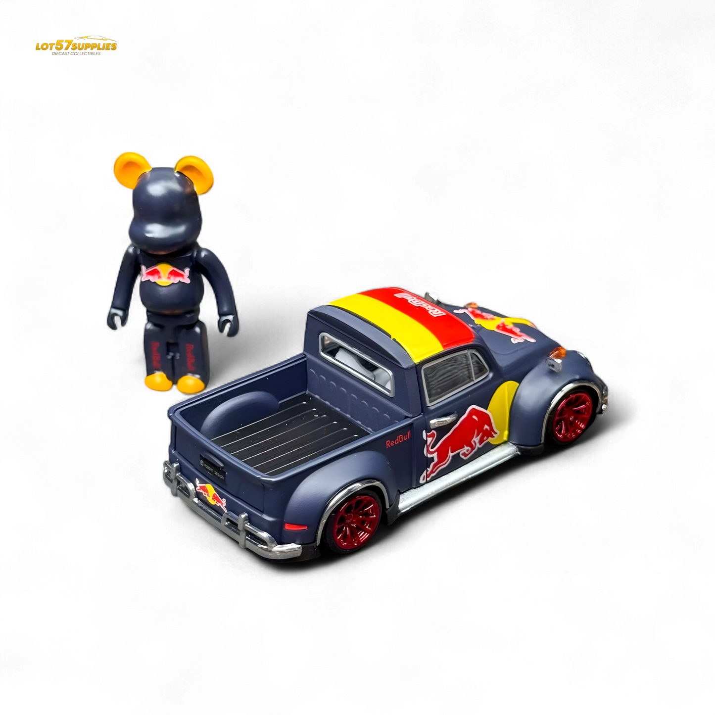 Red Liberty 64 VW Beetle Pickup diecast model by Lot57Supplies, featuring a red Bull design in 1:64 scale.