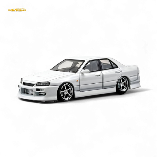 Pearl white Nissan ER34 Skyline Uras diecast model car in 1:64 scale, detailed miniature from Lot57Supplies Diecast Shop.