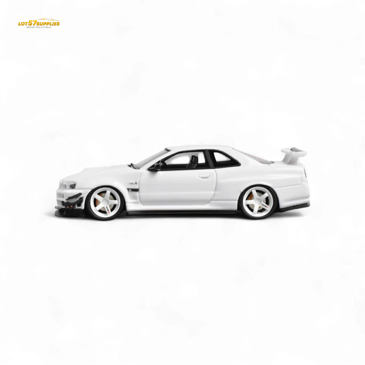 White Nissan Skyline GT-R R34 diecast model in 1:64 scale, customized, from Lot57Supplies Diecast Shop.