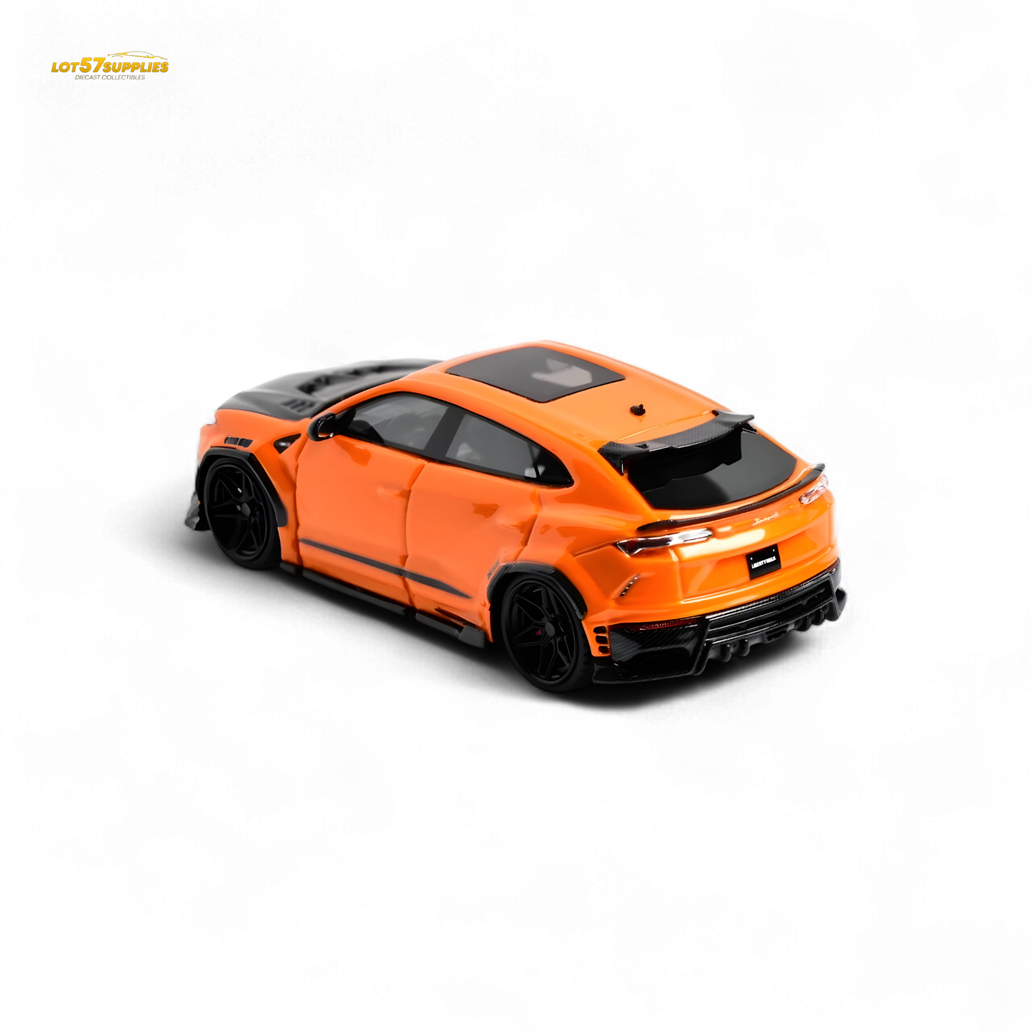 Metallic orange Lamborghini Urus LBWK diecast car in 1:64 scale, detailed model with realistic features and branding.