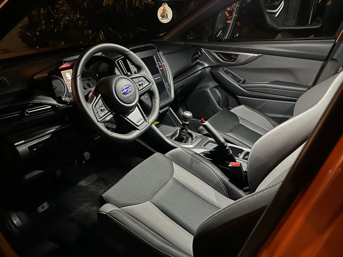 StickerFab SFB Interior Dome and Map LED bulbs for 2015-2021 WRX/STI and 2022 WRX interior lighting, shown installed in vehicle.
