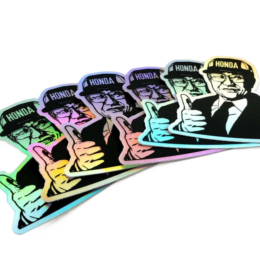Holographic Soichiro Honda bumper sticker by Evergreen Kings, 3-inch vinyl decal with reflective, colorful design.