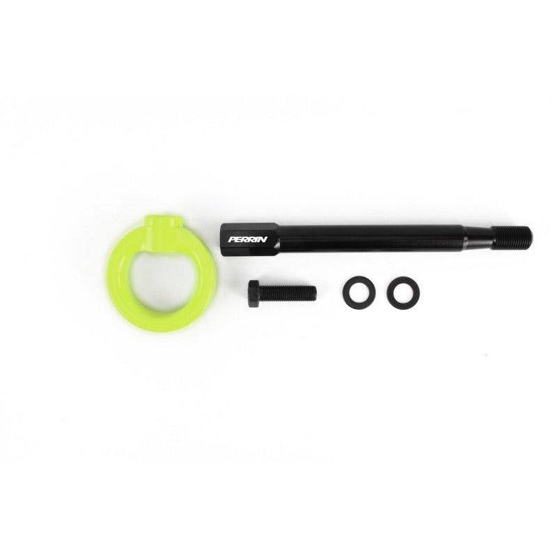 JDMuscle PERRIN front tow hook for 2008–2014 Subaru WRX/STI, neon yellow, shown against a plain background