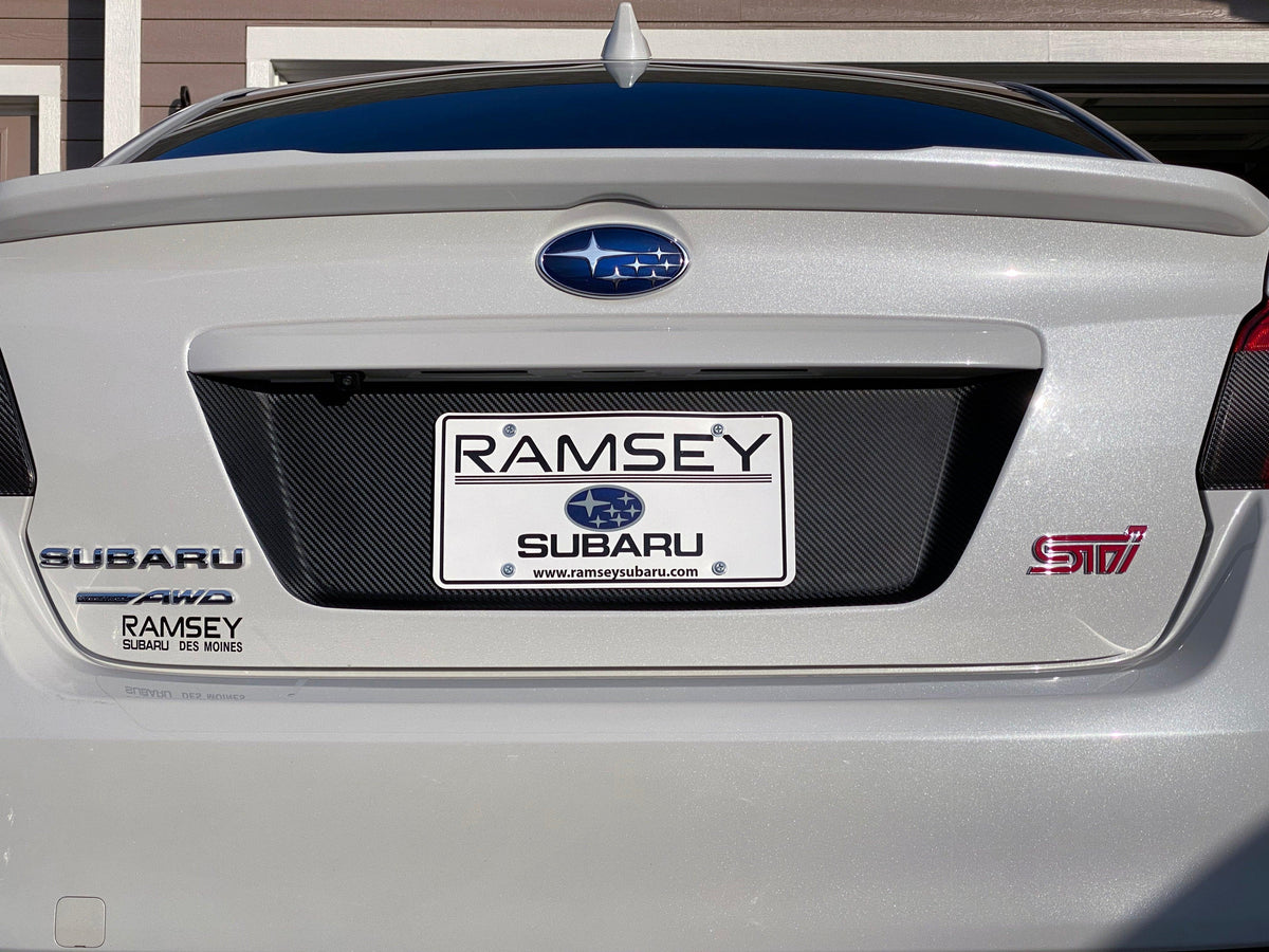 Black 3D Carbon License Plate Panel Overlay for 2015-2020 Subaru WRX STI, exterior body accessory from StickerFab.
