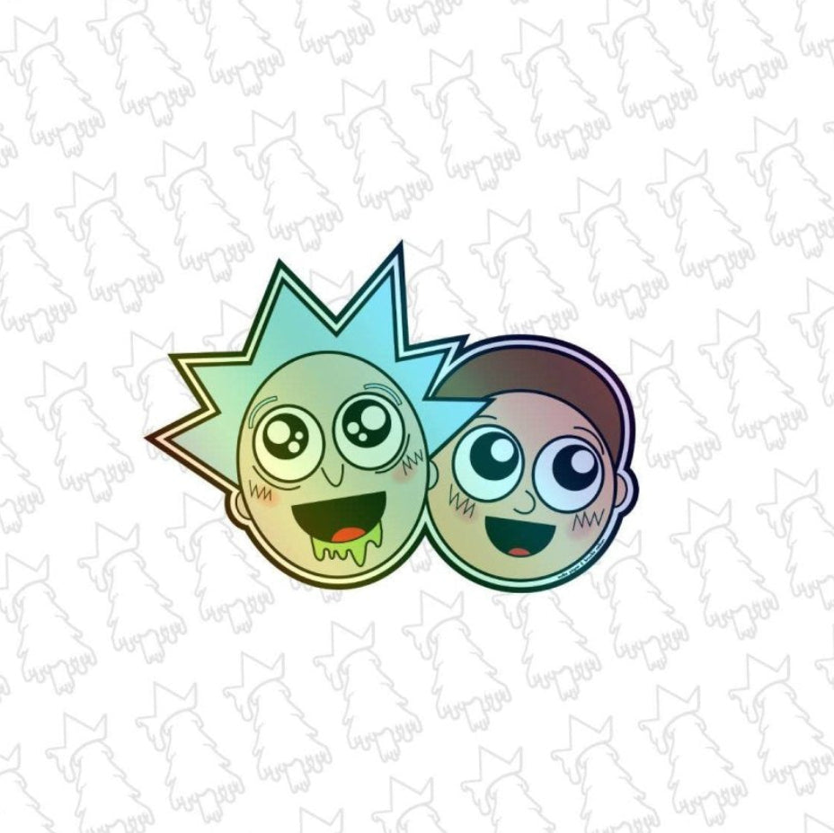 Holographic Rick & Morty anime sticker by Evergreen Kings featuring colorful, reflective cartoon characters on a transparent background.