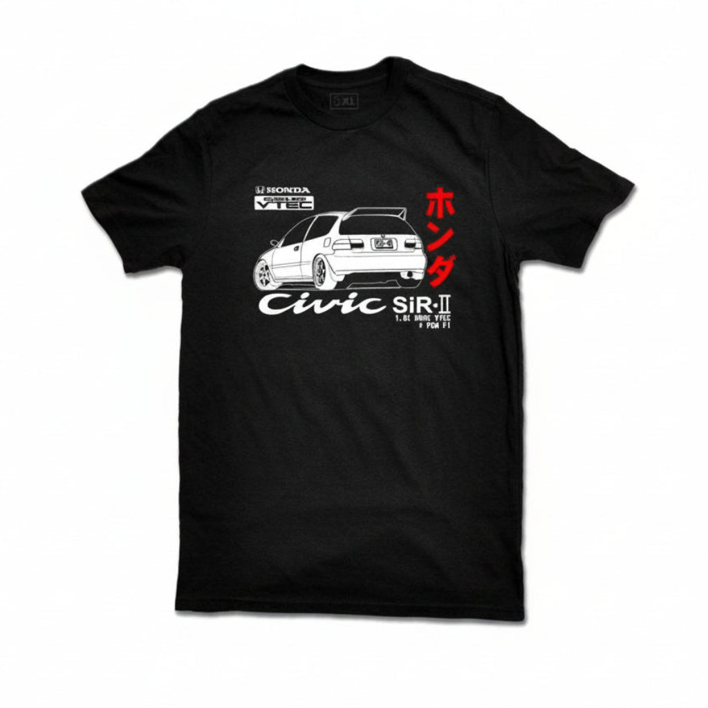 Red EG6 JDM Civic SIR T-shirt by Evergreen Kings featuring a graphic of a Honda hatchback on a casual shirt.