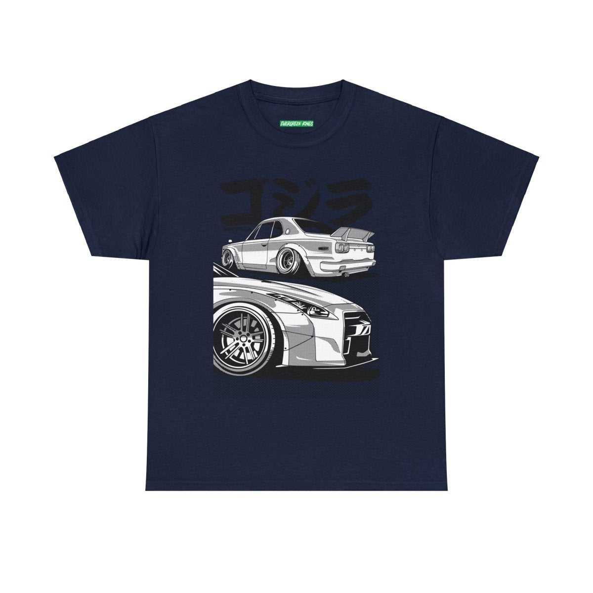 Godzilla JDM R35 Heritage T-Shirt by Printify featuring a green design with Japanese car and monster graphics.