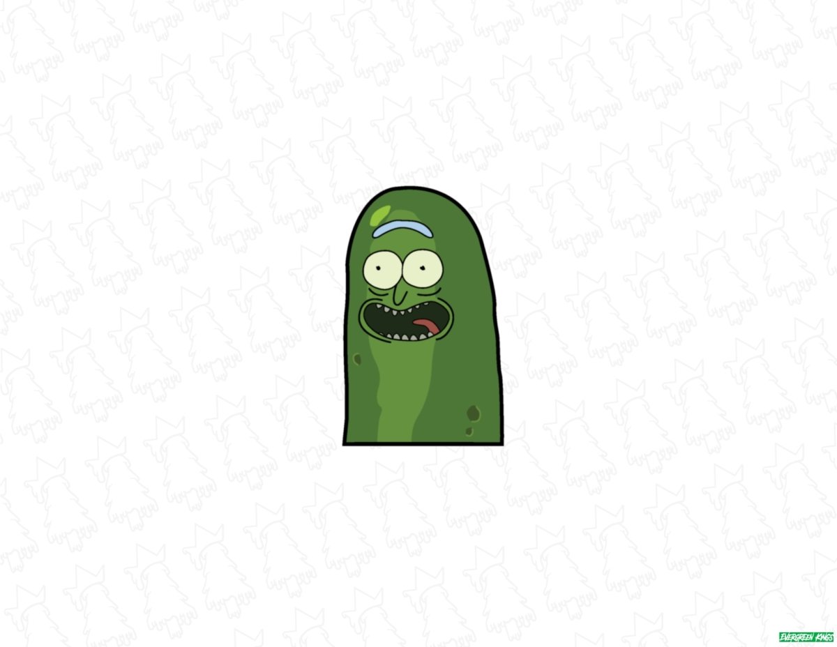 Pickle Rick peeking sticker from Evergreen Kings featuring a colorful cartoon character design.