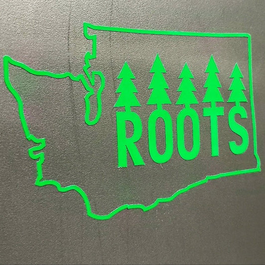 Washington State Roots decal by Evergreen Kings, featuring a vibrant design of Washington state with roots symbolizing local pride.