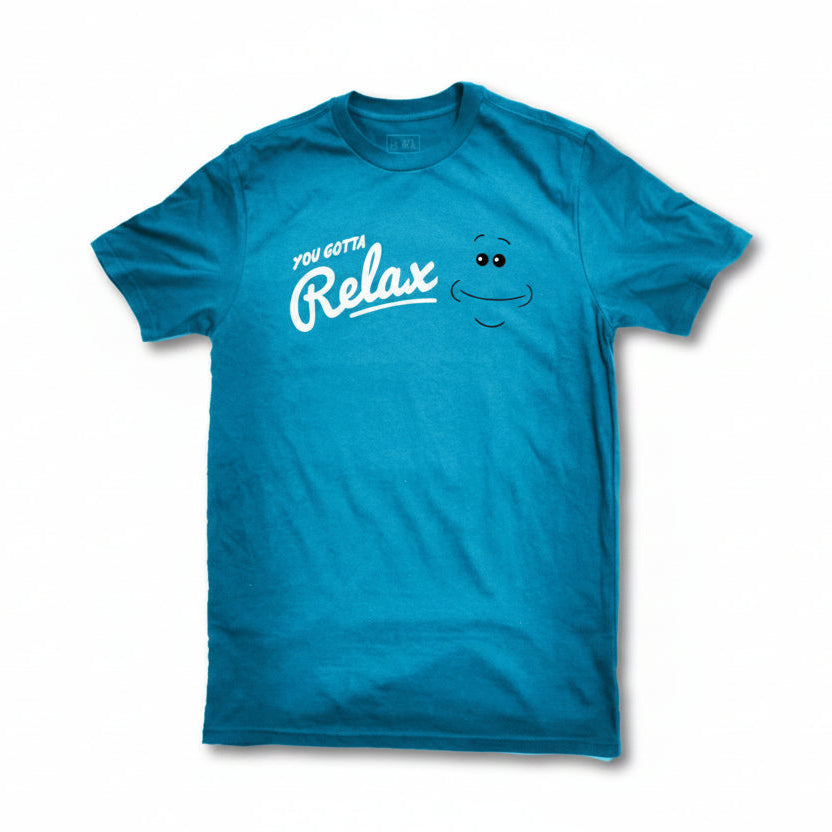 Evergreen Kings You Gotta Relax Meeseeks T-shirt featuring a colorful Meeseeks character graphic on the front.