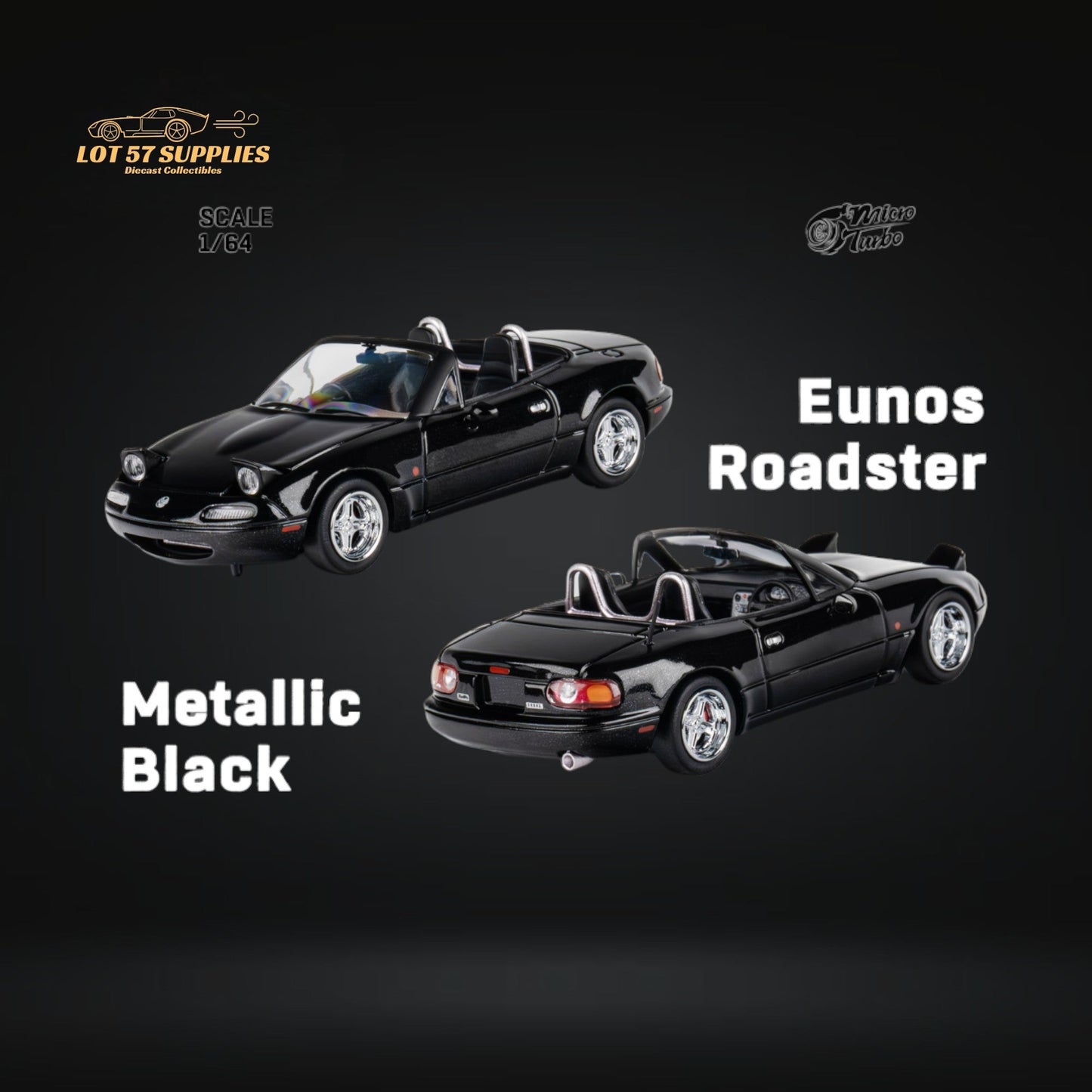 Metallic black 1:64 scale Mazda MicroTurbo Eunos Roadster MX-5 diecast model from Lot57Supplies Diecast Shop, detailed view.