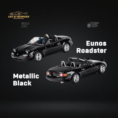 Metallic black 1:64 scale Mazda MicroTurbo Eunos Roadster MX-5 diecast model from Lot57Supplies Diecast Shop, detailed view.
