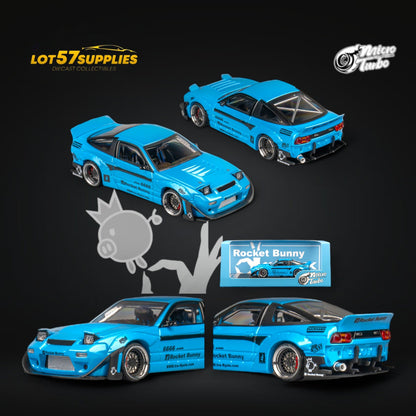 Baby blue Nissan 180SX diecast model by Lot57Supplies, featuring Pandem Rocket Bunny body kit in 1:64 scale.