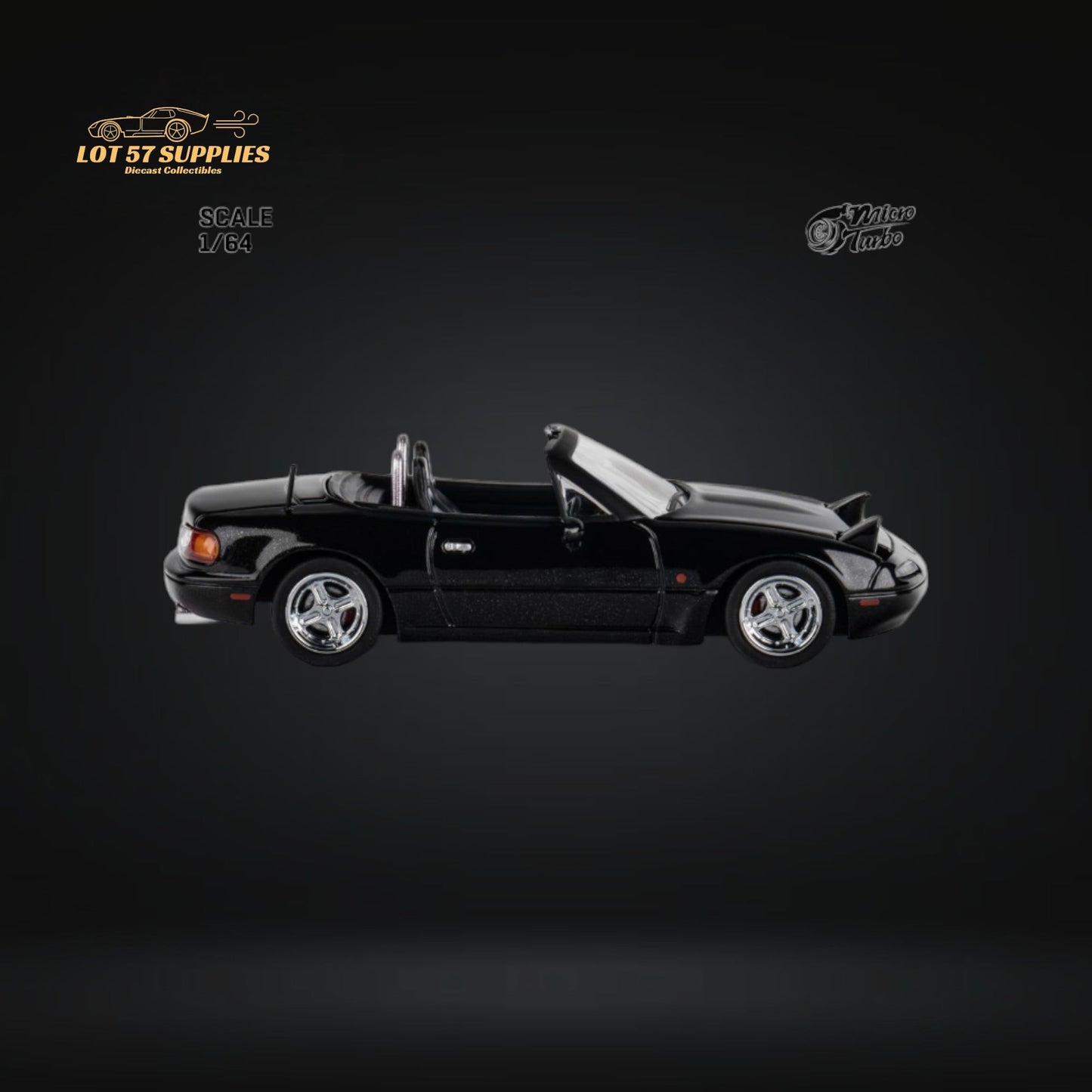 Miniature metallic black Mazda Eunos Roadster MX-5 diecast model by Lot57Supplies, 1:64 scale, detailed and realistic.