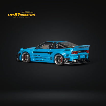 Diecast Nissan 180SX MicroTurbo Pandem Rocket Bunny in baby blue, 1:64 scale, detailed model from Lot57Supplies Diecast Shop.