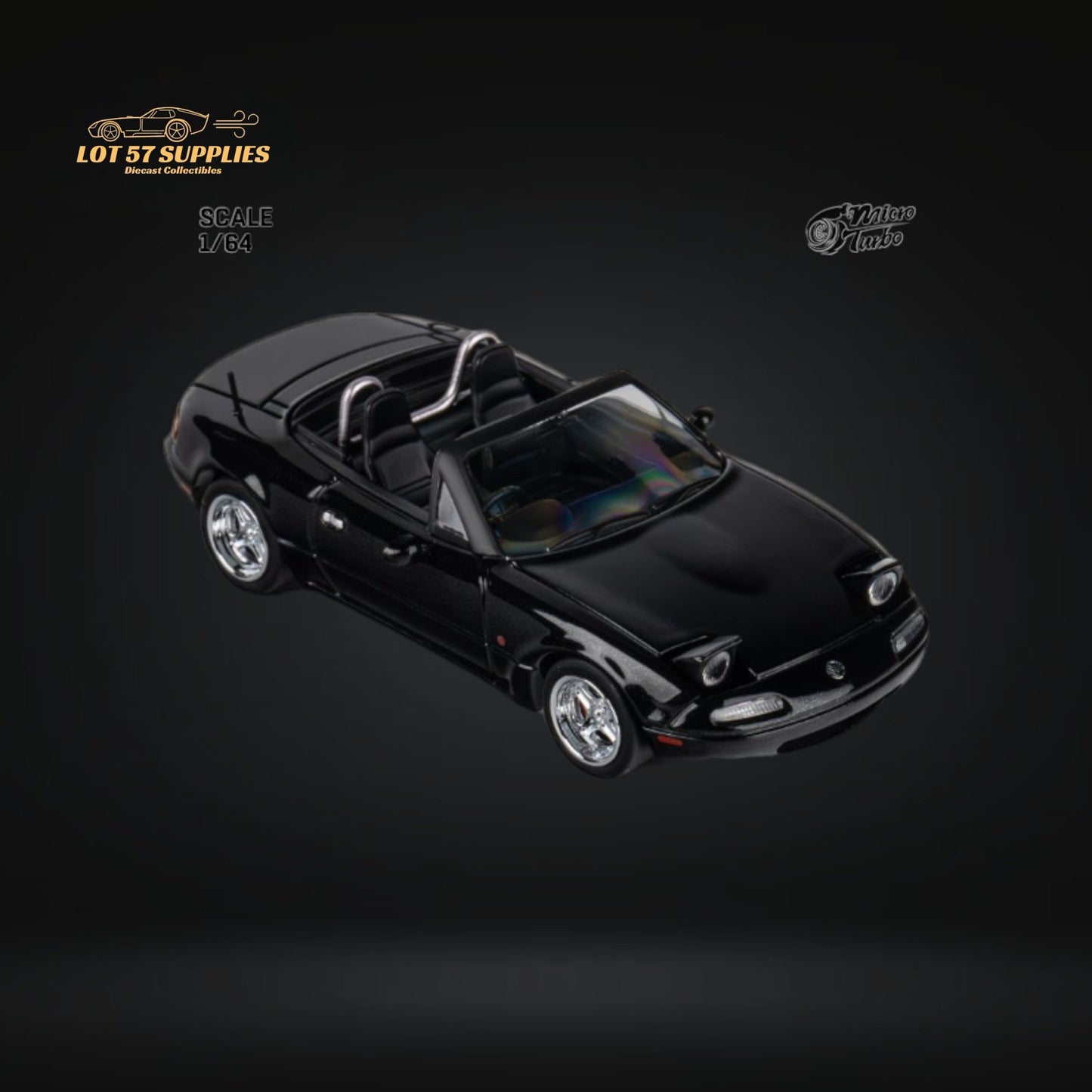 Metallic black MicroTurbo Eunos Roadster MX-5 diecast model car in 1:64 scale, crafted by Lot57Supplies Diecast Shop.