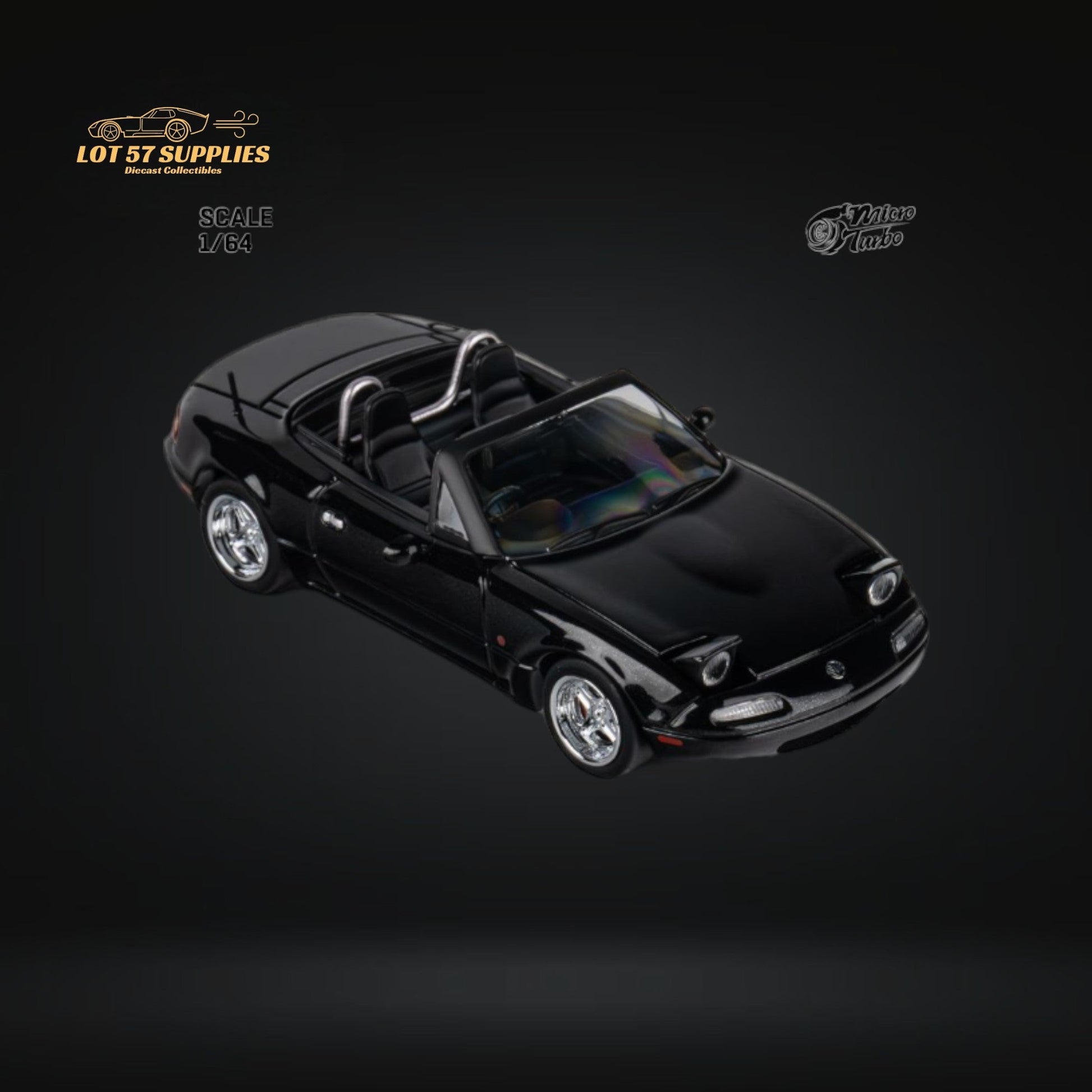 Metallic black MicroTurbo Eunos Roadster MX-5 diecast model car in 1:64 scale, crafted by Lot57Supplies Diecast Shop.