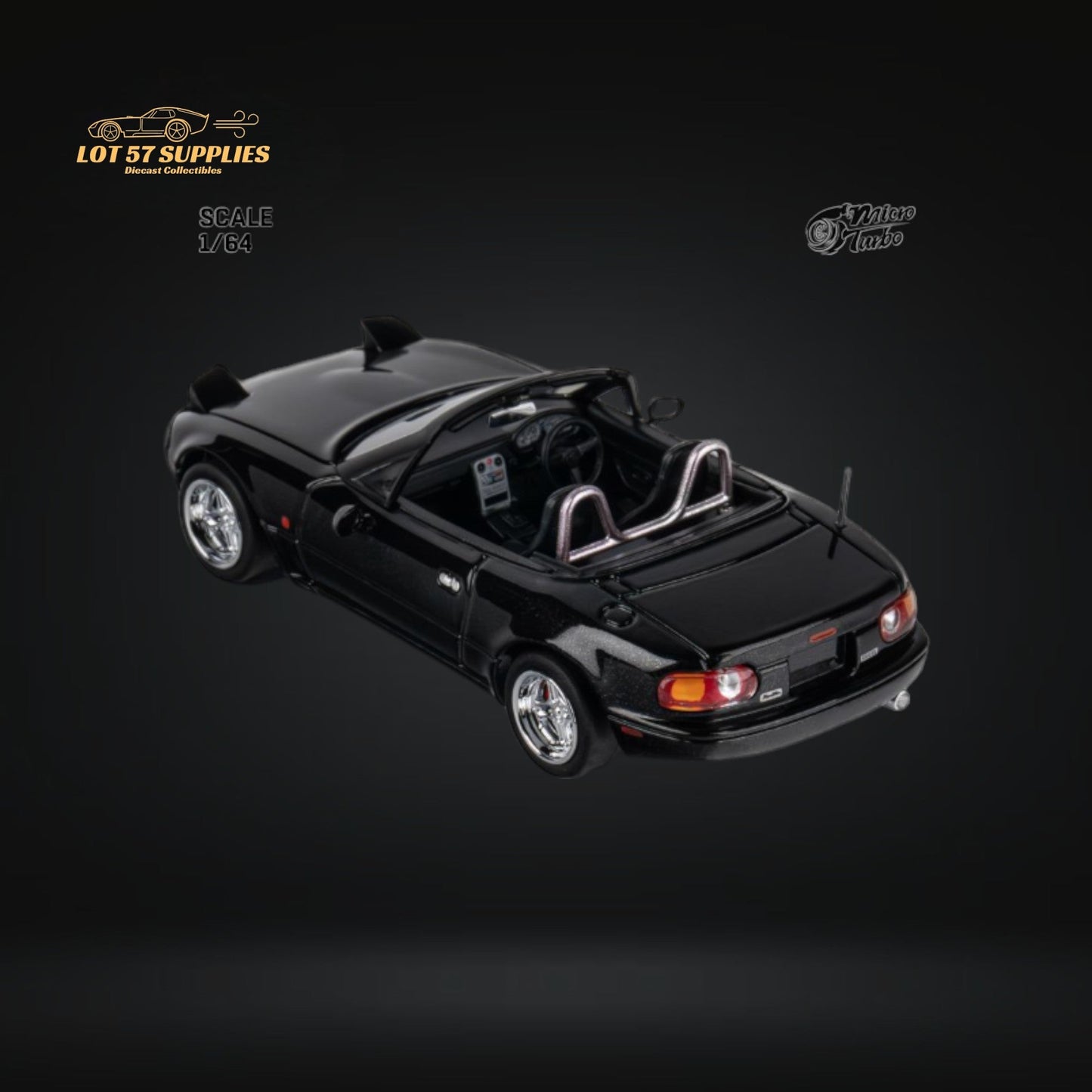Metallic black Mazda MicroTurbo Eunos Roadster MX-5 diecast model in 1:64 scale, detailed miniature by Lot57Supplies Diecast Shop.