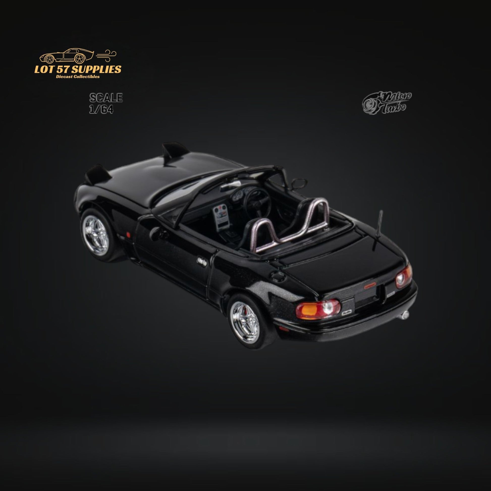 Metallic black Mazda MicroTurbo Eunos Roadster MX-5 diecast model in 1:64 scale, detailed miniature by Lot57Supplies Diecast Shop.
