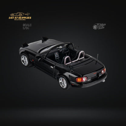 Metallic black Mazda MicroTurbo Eunos Roadster MX-5 diecast model in 1:64 scale, detailed miniature by Lot57Supplies Diecast Shop.