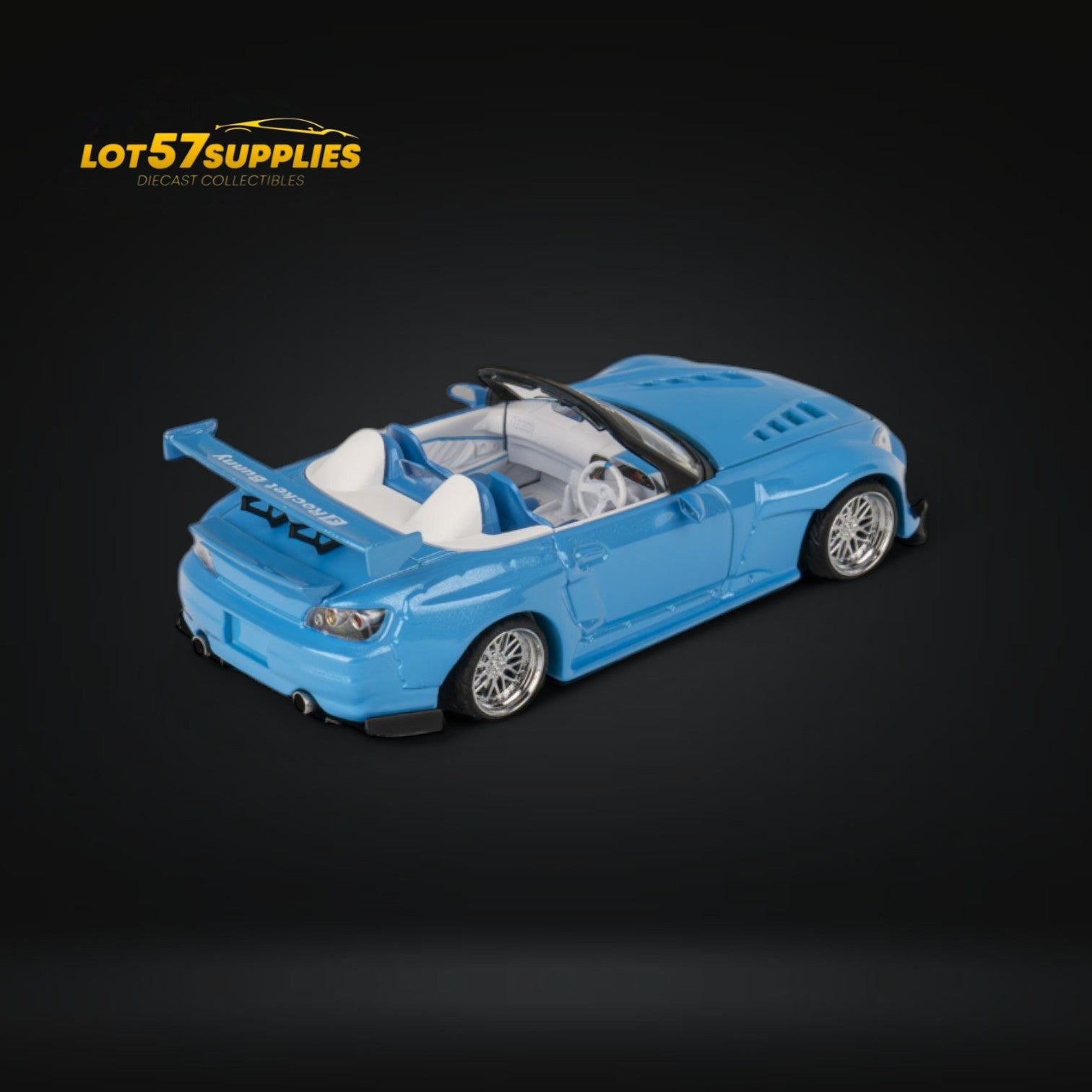 Metallic blue Honda S2000 diecast model by Lot57Supplies, custom Rocket Bunny design, 1:64 scale, detailed collectible car.