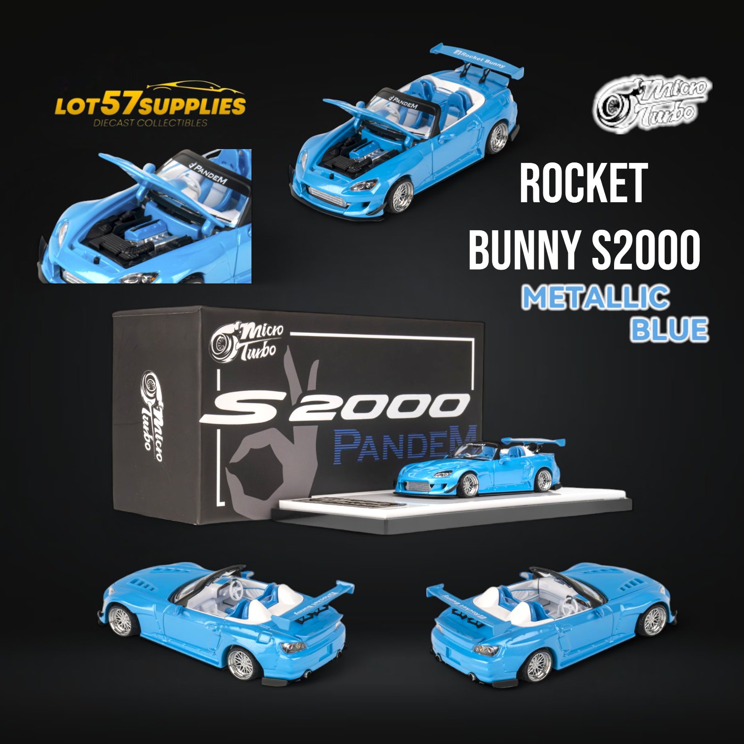 Miniature Honda S2000 diecast model in metallic blue with Rocket Bunny kit, 1:64 scale, from Lot57Supplies Diecast Shop.