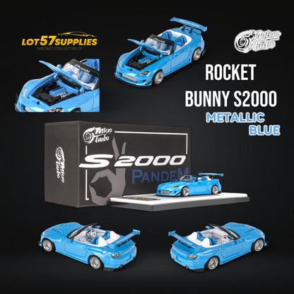 Miniature Honda S2000 diecast model in metallic blue with Rocket Bunny kit, 1:64 scale, from Lot57Supplies Diecast Shop.