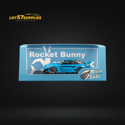 MicroTurbo Nissan 180SX diecast model in Baby Blue with Pandem Rocket Bunny kit, detailed miniature car by Lot57Supplies Diecast Shop.
