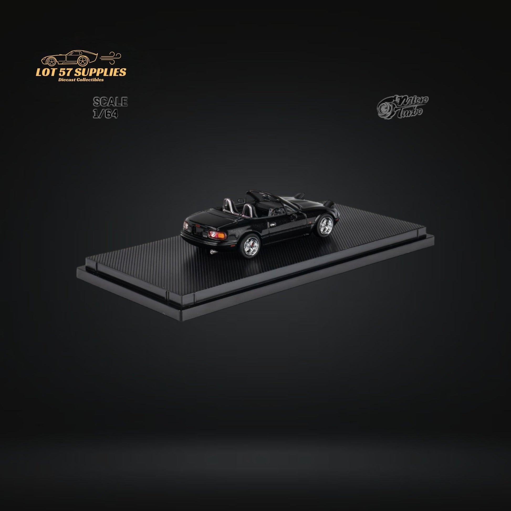 Miniature Mazda MicroTurbo Eunos Roadster MX-5 diecast model in metallic black, 1:64 scale, from Lot57Supplies Diecast Shop.