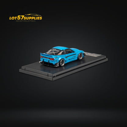 Baby blue Nissan 180SX diecast model by Lot57Supplies, featuring Pandem Rocket Bunny body kit, 1:64 scale, detailed mini car.
