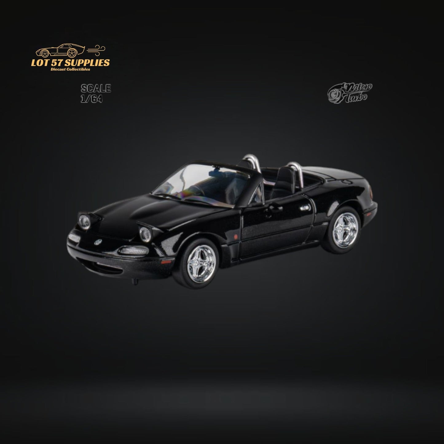 Metallic black 1:64 scale Mazda MicroTurbo Eunos Roadster MX-5 diecast model by Lot57Supplies Diecast Shop, detailed and realistic.