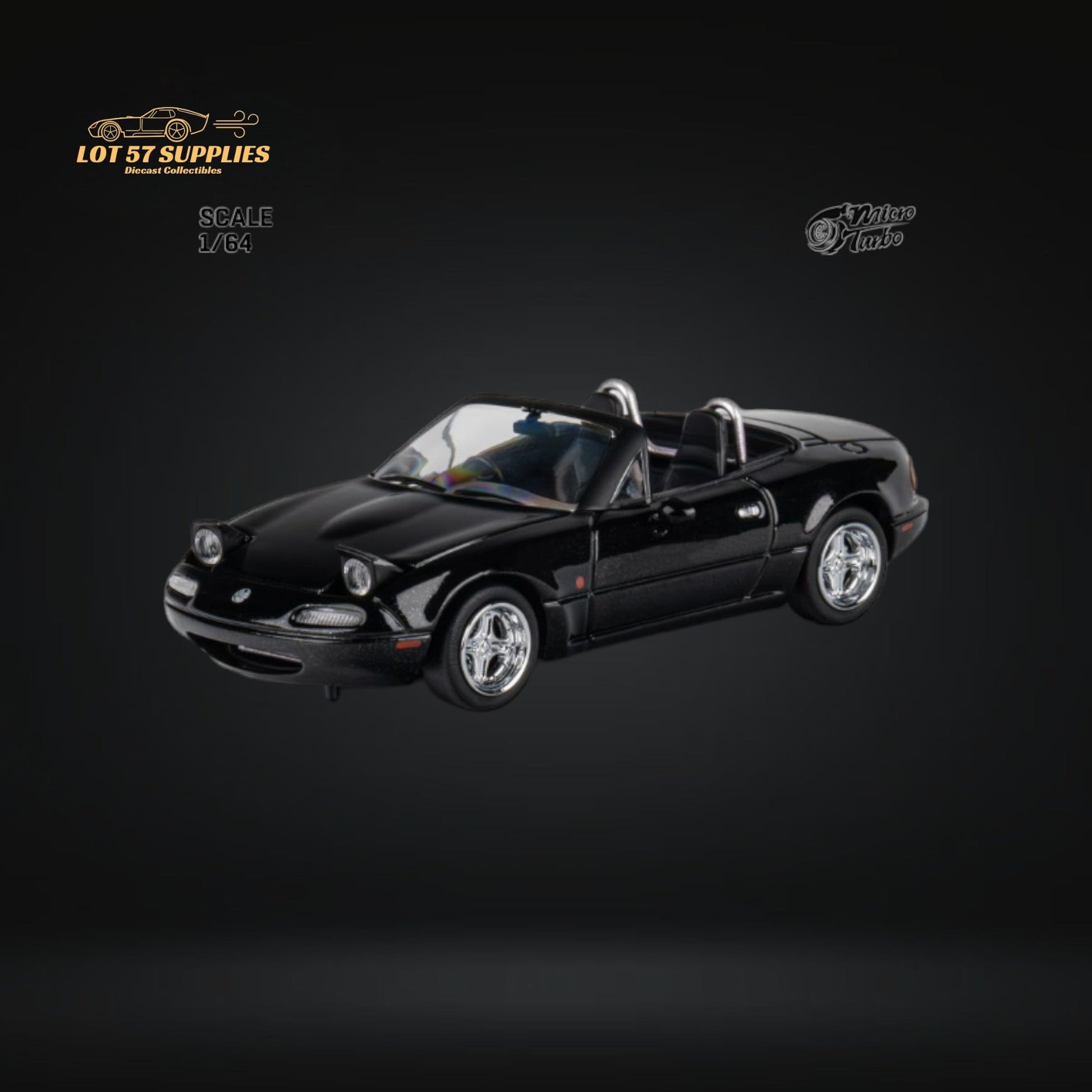 Metallic black 1:64 scale Mazda MicroTurbo Eunos Roadster MX-5 diecast model by Lot57Supplies Diecast Shop, detailed and realistic.