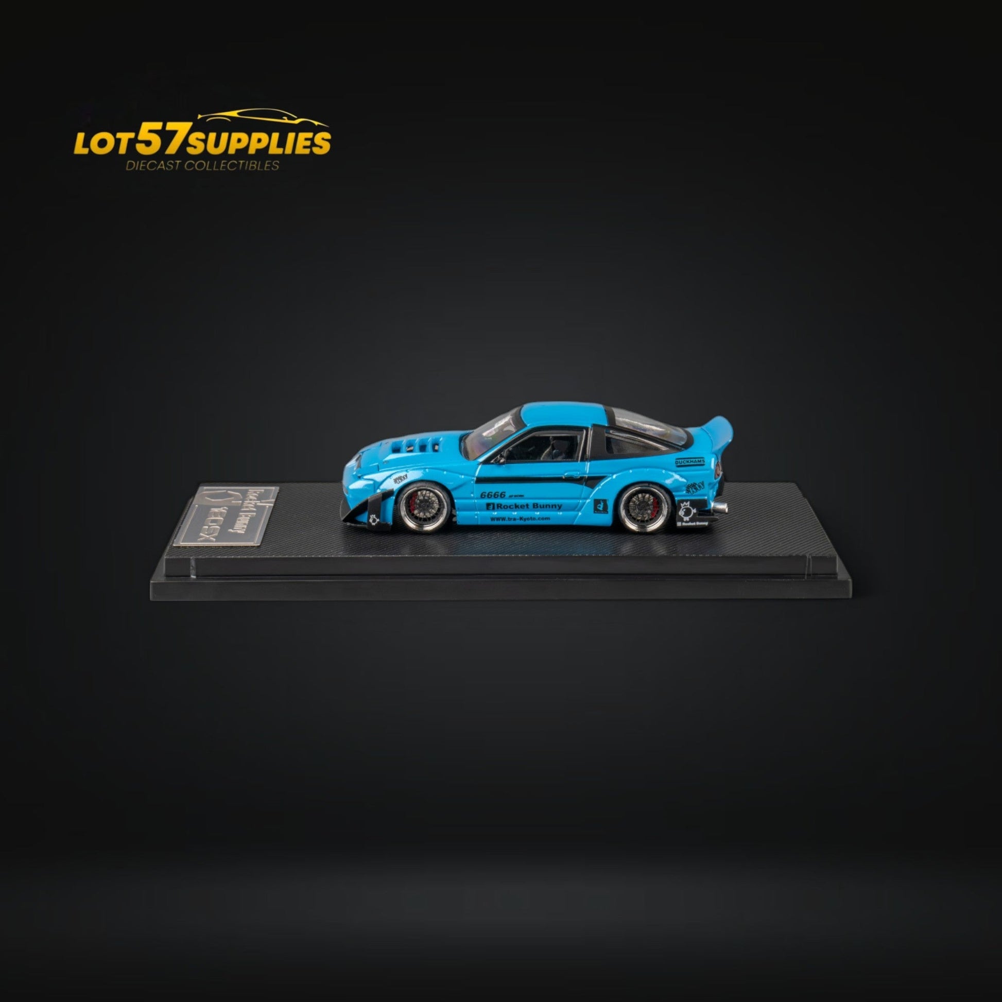 Miniature diecast Nissan 180SX MicroTurbo in baby blue with Pandem Rocket Bunny body kit, model by Lot57Supplies Diecast Shop.