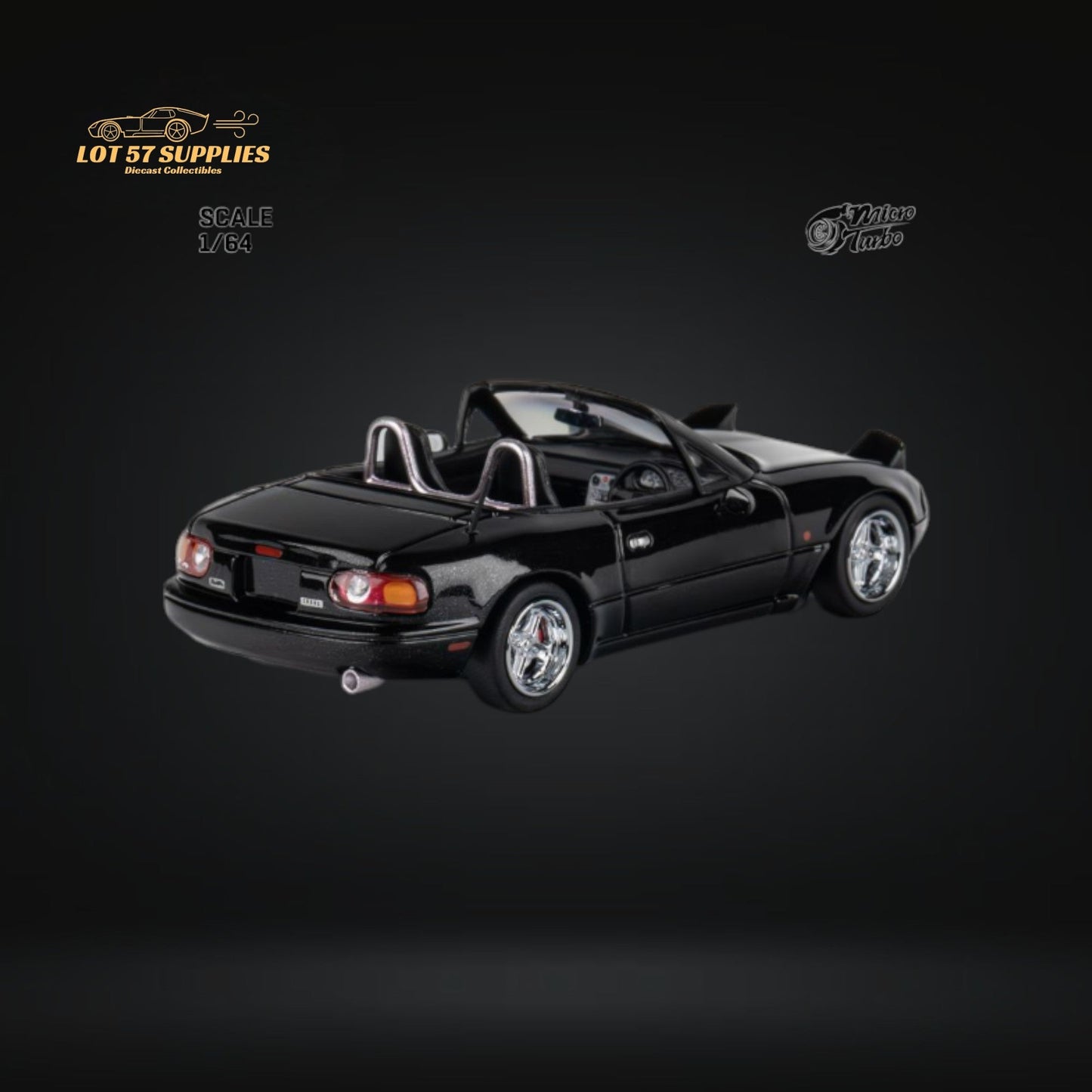 Metallic black Mazda MicroTurbo Eunos Roadster MX-5 diecast model in 1:64 scale, detailed miniature by Lot57Supplies Diecast Shop.