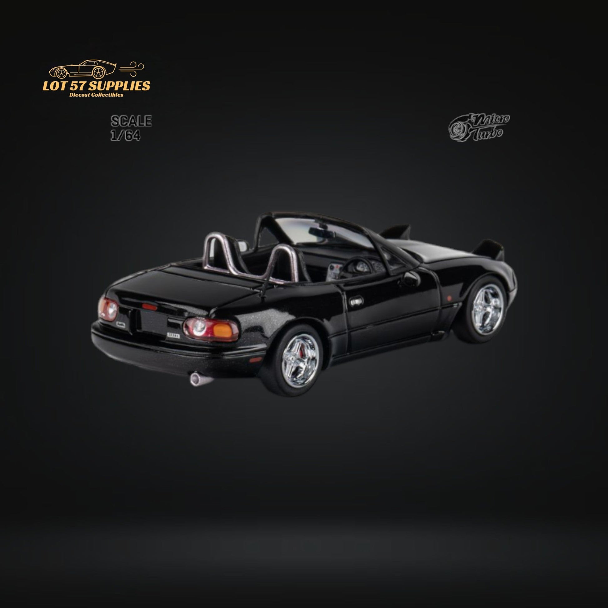 Metallic black Mazda MicroTurbo Eunos Roadster MX-5 diecast model in 1:64 scale, detailed miniature by Lot57Supplies Diecast Shop.