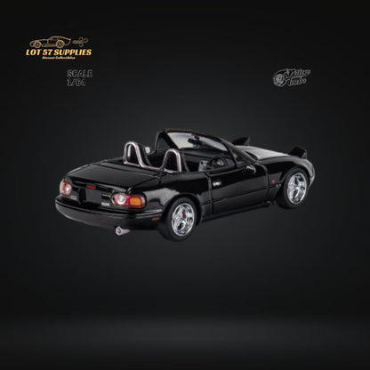 Metallic black Mazda MicroTurbo Eunos Roadster MX-5 diecast model in 1:64 scale, detailed miniature by Lot57Supplies Diecast Shop.