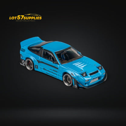 Miniature Nissan 180SX diecast model in baby blue with Pandem Rocket Bunny body kit by Lot57Supplies Diecast Shop, 1:64 scale.