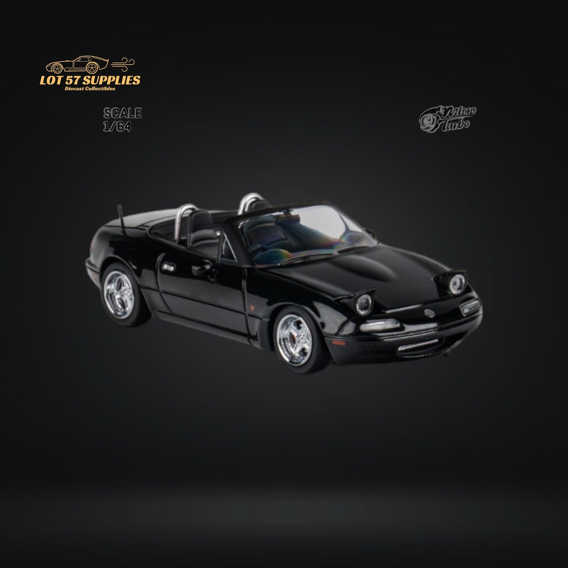 Miniature Mazda MX-5 Eunos Roadster MicroTurbo in customized metallic black, 1:64 scale diecast model by Lot57Supplies Diecast Shop