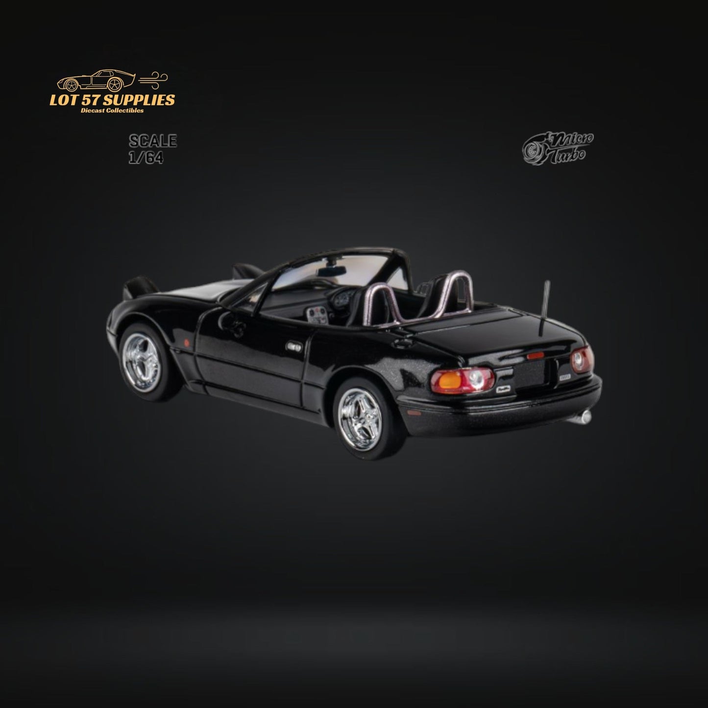 Miniature Mazda Eunos Roadster MX-5 diecast model in metallic black, 1:64 scale, by Lot57Supplies Diecast Shop.