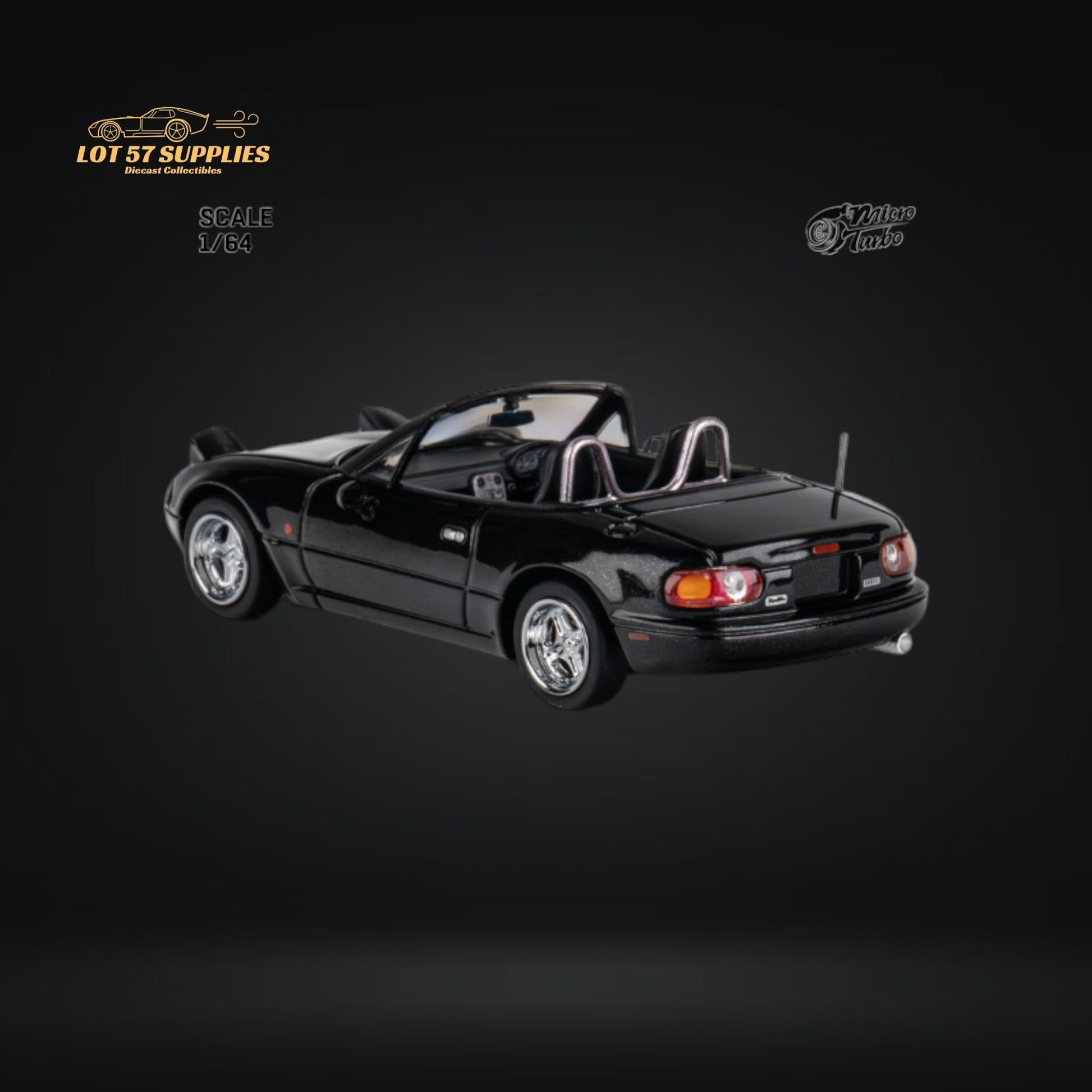 Miniature Mazda Eunos Roadster MX-5 diecast model in metallic black, 1:64 scale, by Lot57Supplies Diecast Shop.