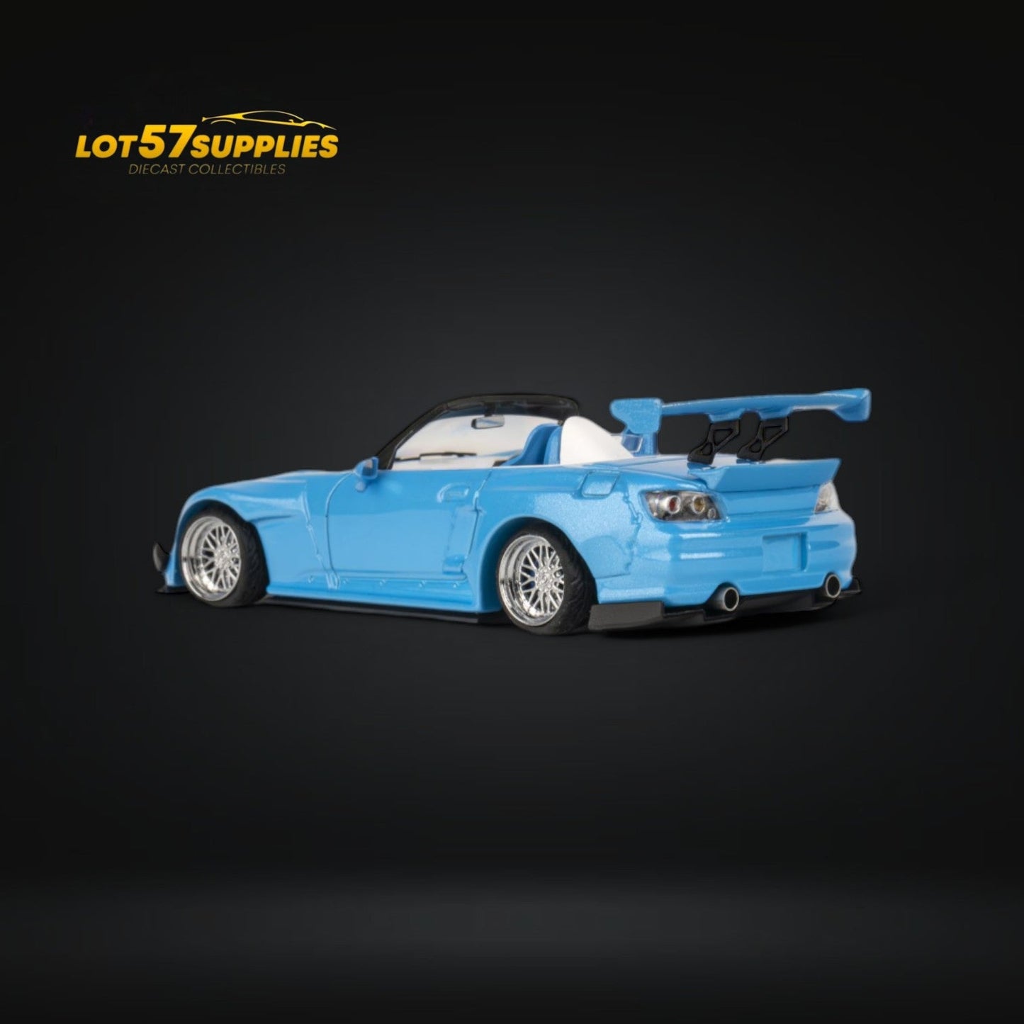 Metallic blue Honda S2000 diecast model with Rocket Bunny body kit, 1:64 scale, detailed custom design from Lot57Supplies Diecast Shop.