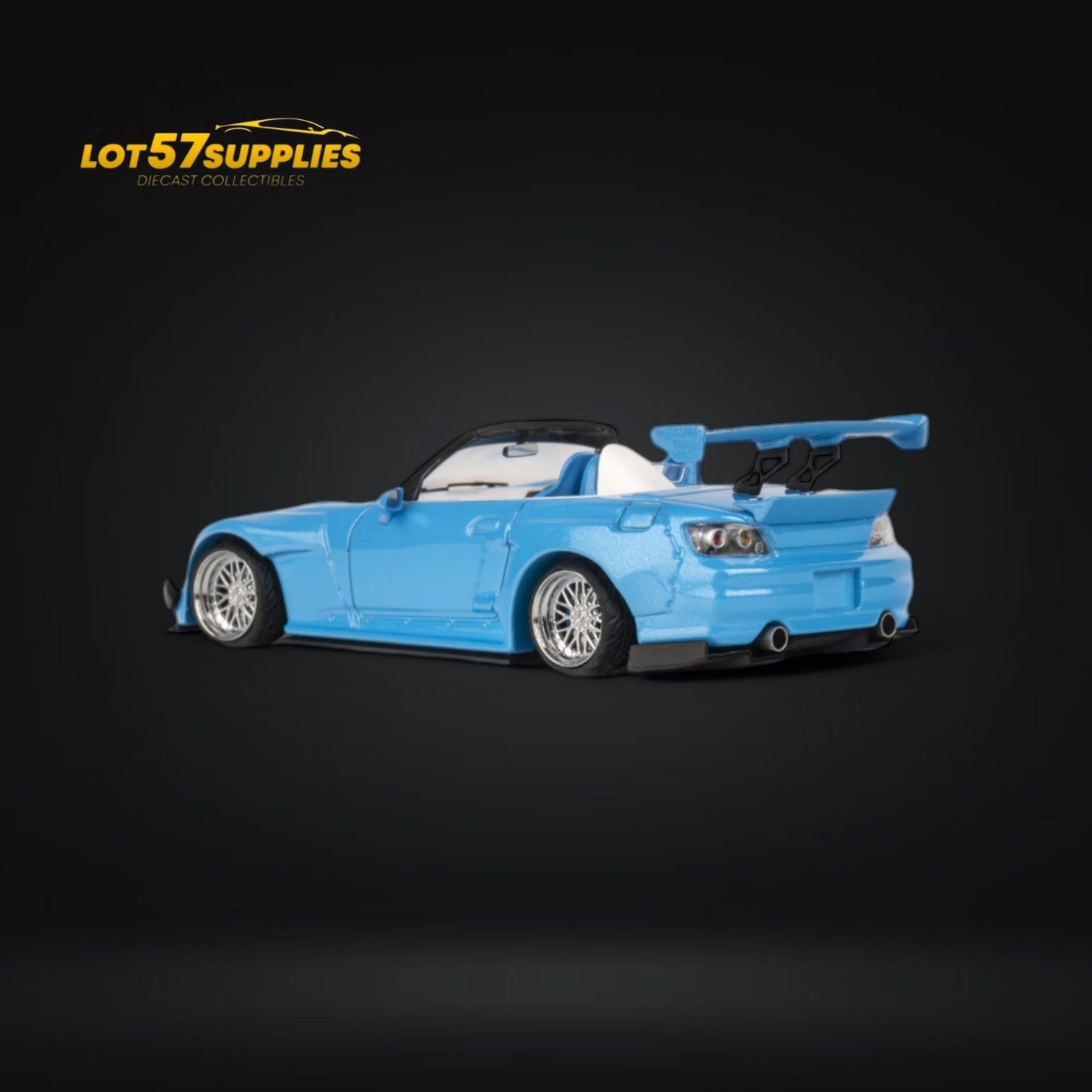 Metallic blue Honda S2000 diecast model with Rocket Bunny body kit, 1:64 scale, detailed custom design from Lot57Supplies Diecast Shop.